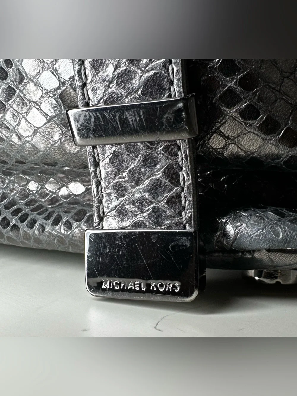 Michael Kors Glossy Black Snake-Embossed Shoulder Bag